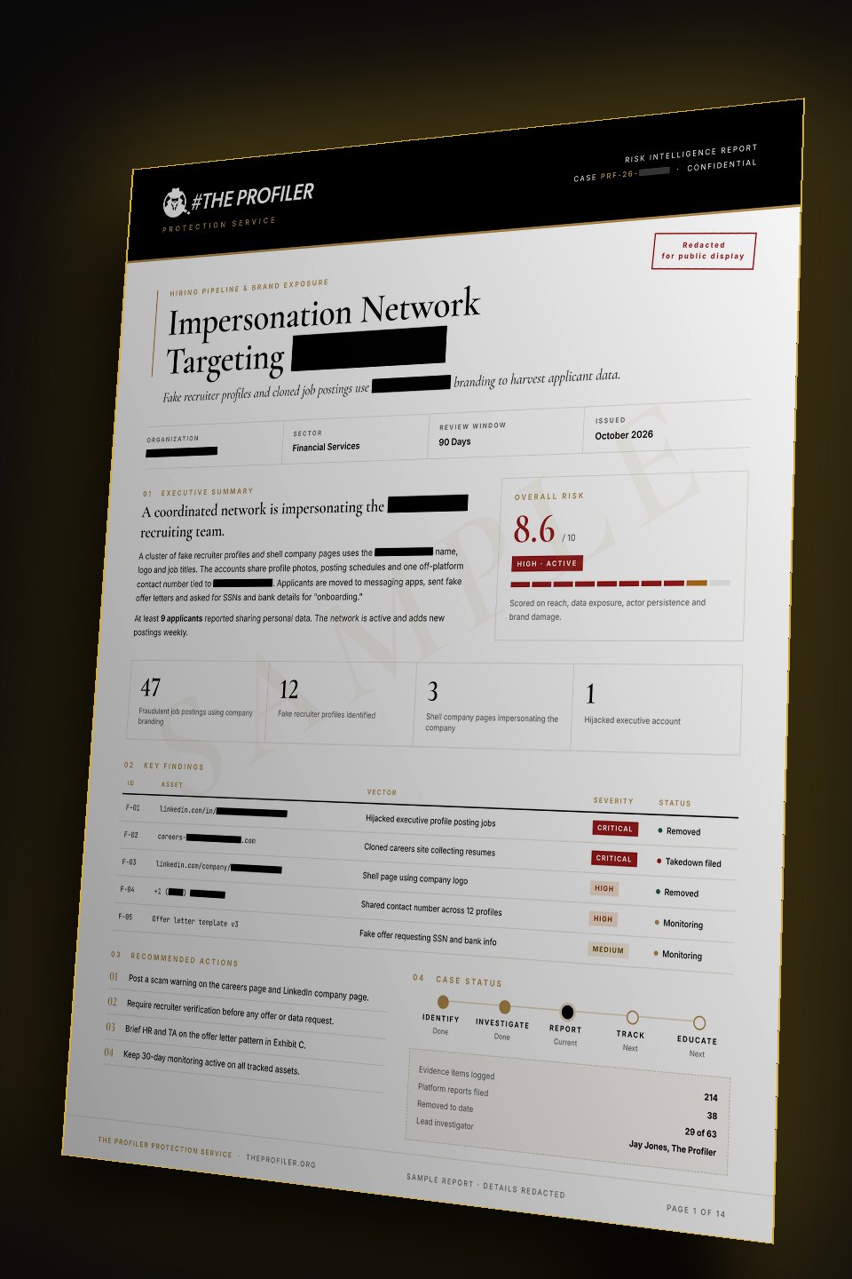 Sample Risk Intelligence Report from The Profiler, with client details redacted