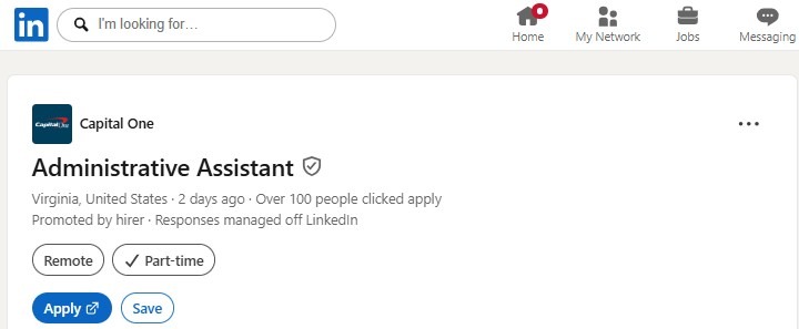 Fake Capital One Administrative Assistant listing on LinkedIn