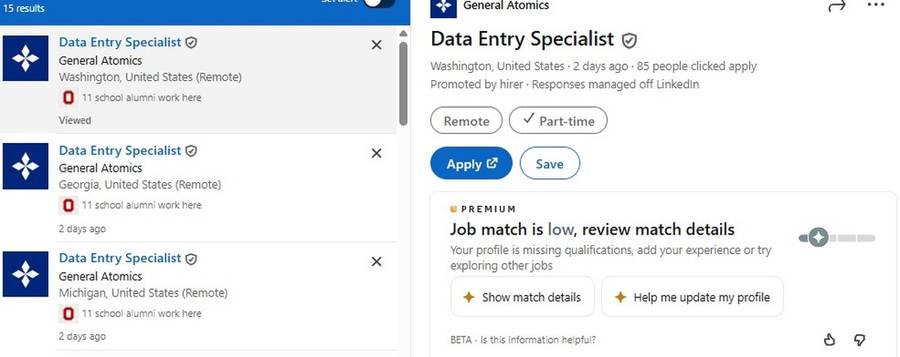Duplicate Data Entry Specialist listings under General Atomics