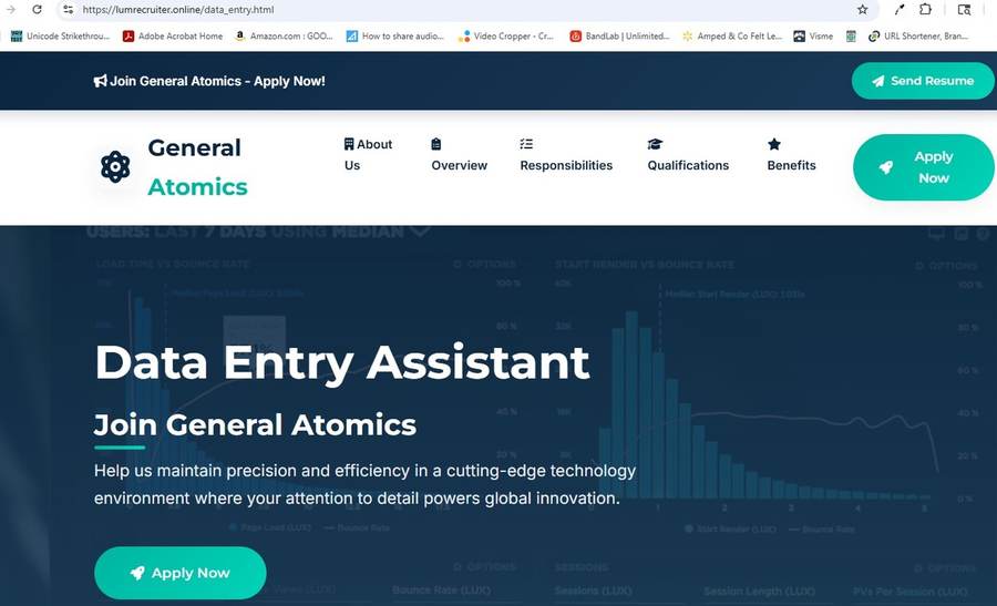 Fake lumrecruiter.online landing page with dashboard graphics bleeding through