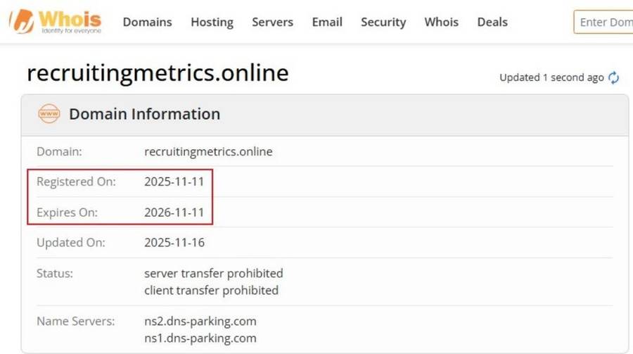 WHOIS registration record for recruitingmetrics.online