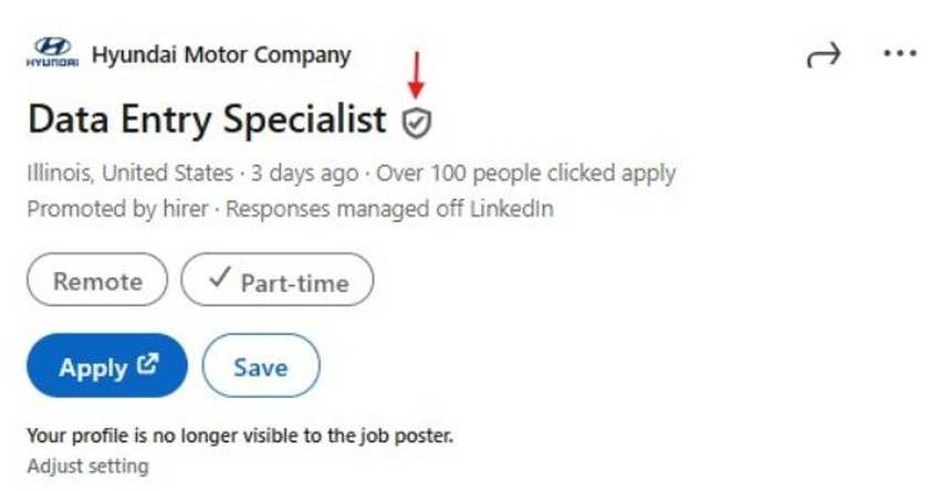 Fake Data Entry Specialist listing under Hyundai Motor Company