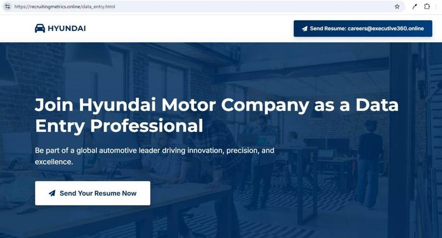 Fake Hyundai careers landing page at recruitingmetrics.online