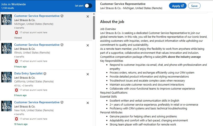 Fake Customer Service Representative listing under Levi Strauss & Co.
