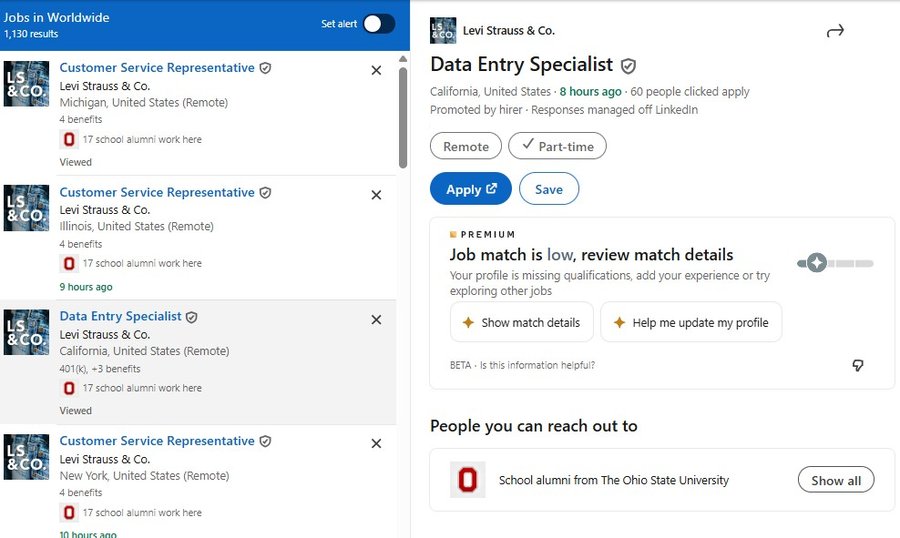 Fake Data Entry Specialist listing under Levi Strauss & Co.