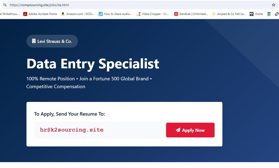 Fake Levi Strauss Data Entry Specialist resume drop page requesting resumes at hr@k2sourcing.site