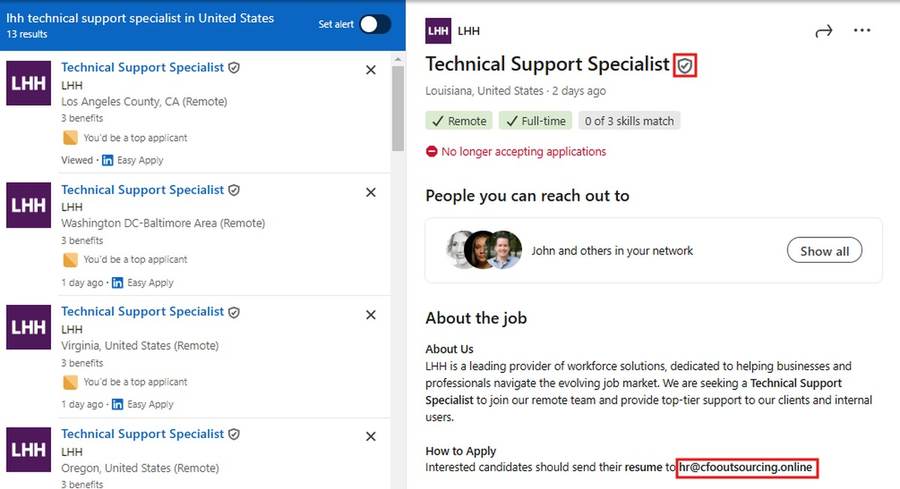 Duplicate Technical Support Specialist listings under LHH