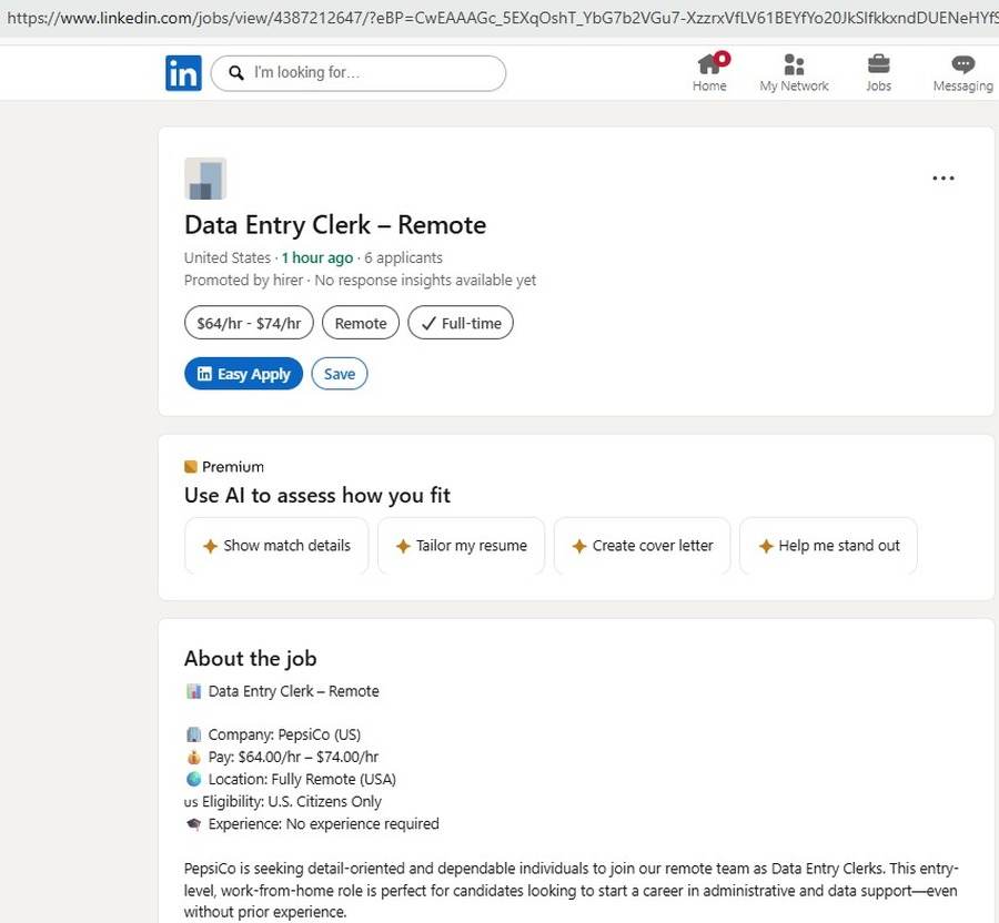 Fake Data Entry Clerk listing under Microsoft naming PepsiCo as employer