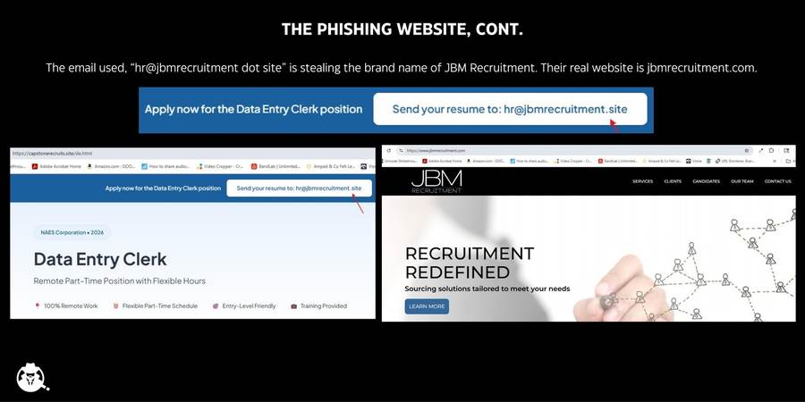 hr@jbmrecruitment.site compared to the real JBM Recruitment site