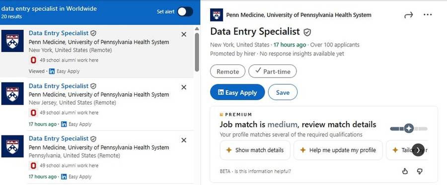 Duplicate Data Entry Specialist listings under Penn Medicine