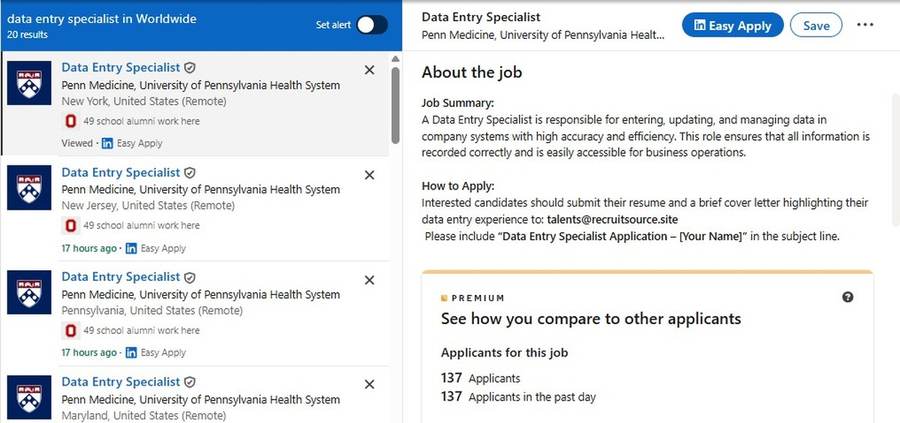 Fake job listing detail with recruitsource.site email instruction