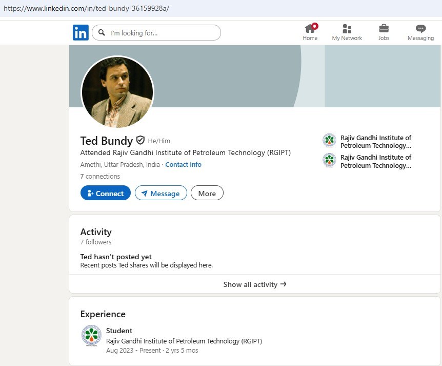 A LinkedIn profile named Ted Bundy with a verification badge, listed as a student in India