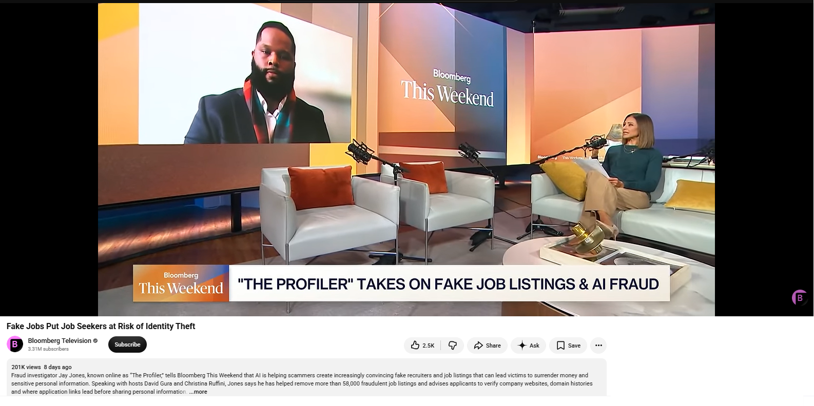 Jay Jones on Bloomberg This Weekend — The Profiler Takes on Fake Job Listings